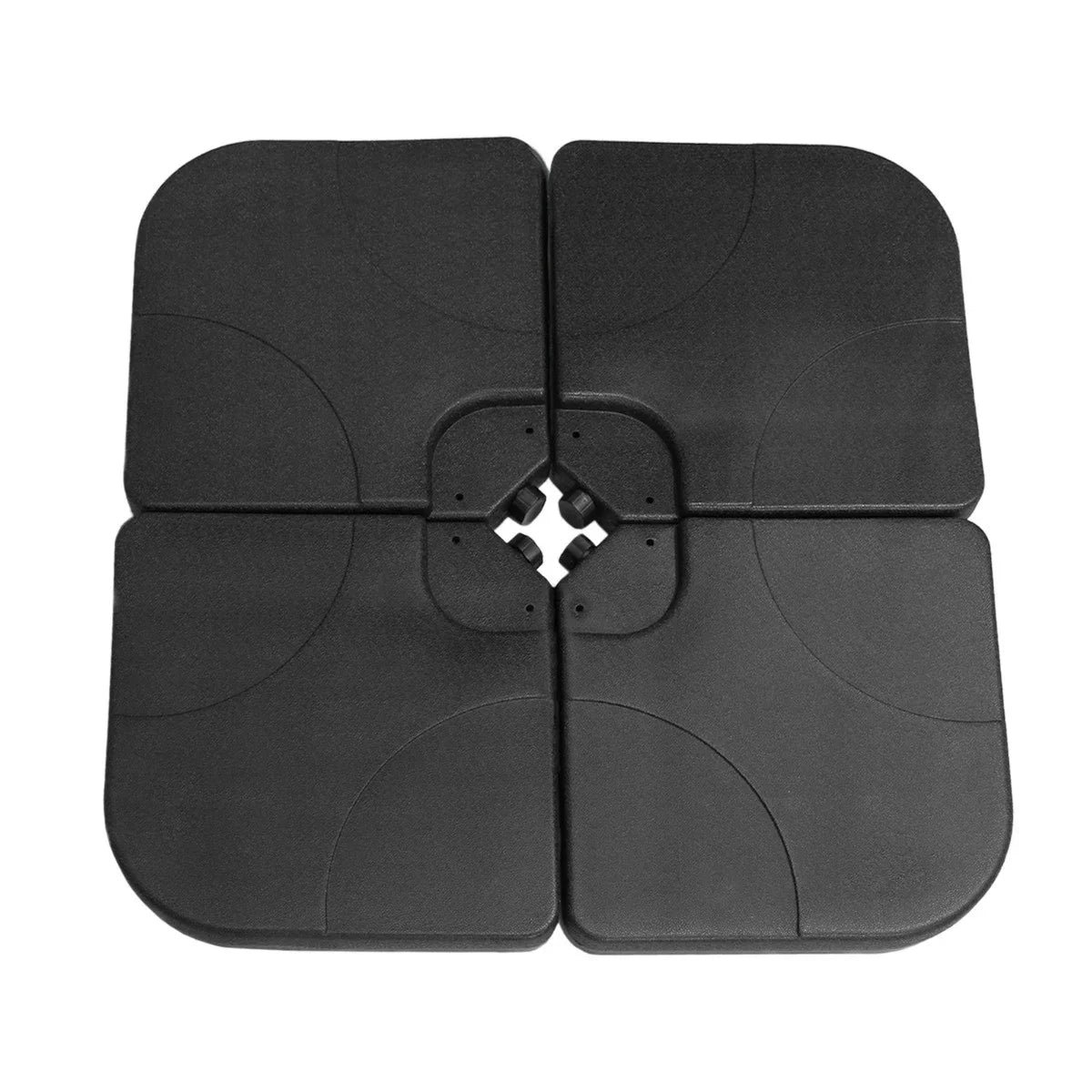 Black cantilever parasol base with a square shape, featuring a textured surface and four interlocking sections for stability