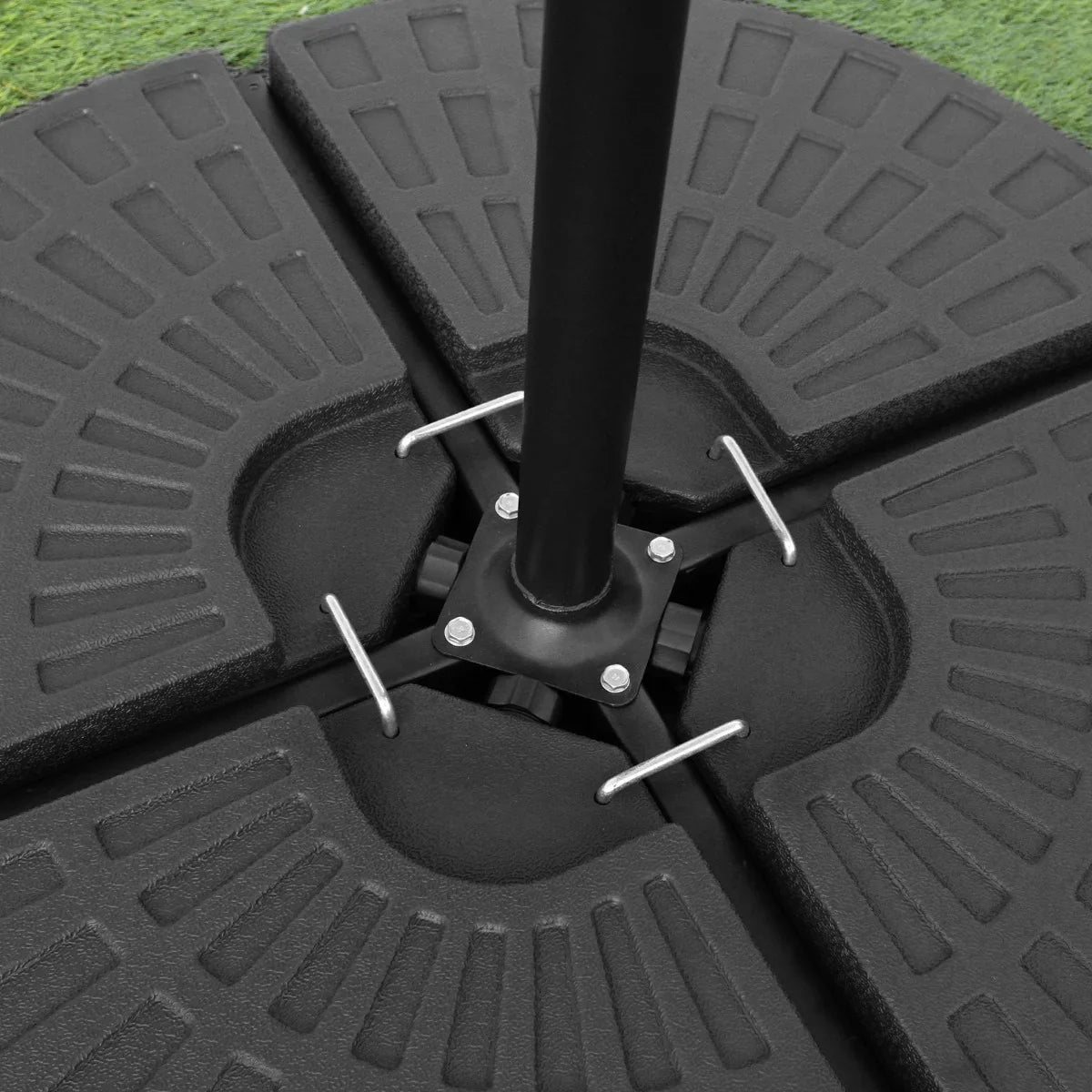 Cantilever parasol base in a fan design, featuring a sturdy black material with textured surface and metal connectors for stability