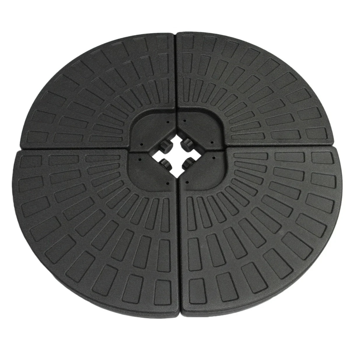 Cantilever parasol base in a fan design, featuring a durable black material with textured grooves for stability and support
