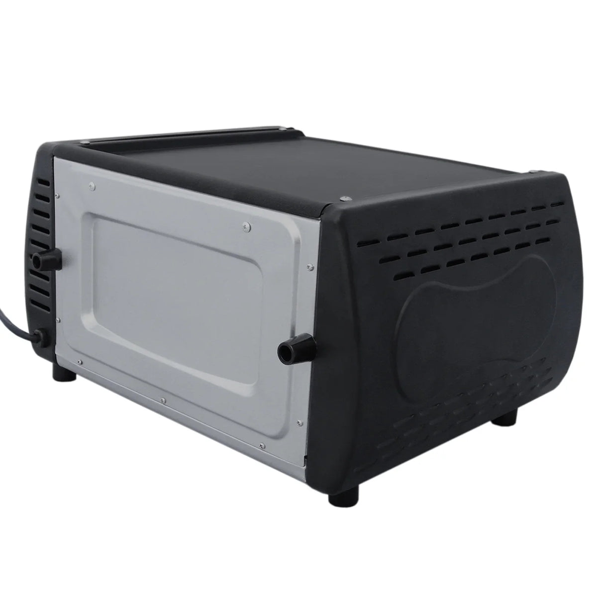 Compact mini tandoor oven with a sleek black and silver design, featuring ventilation holes and a sturdy base for stability