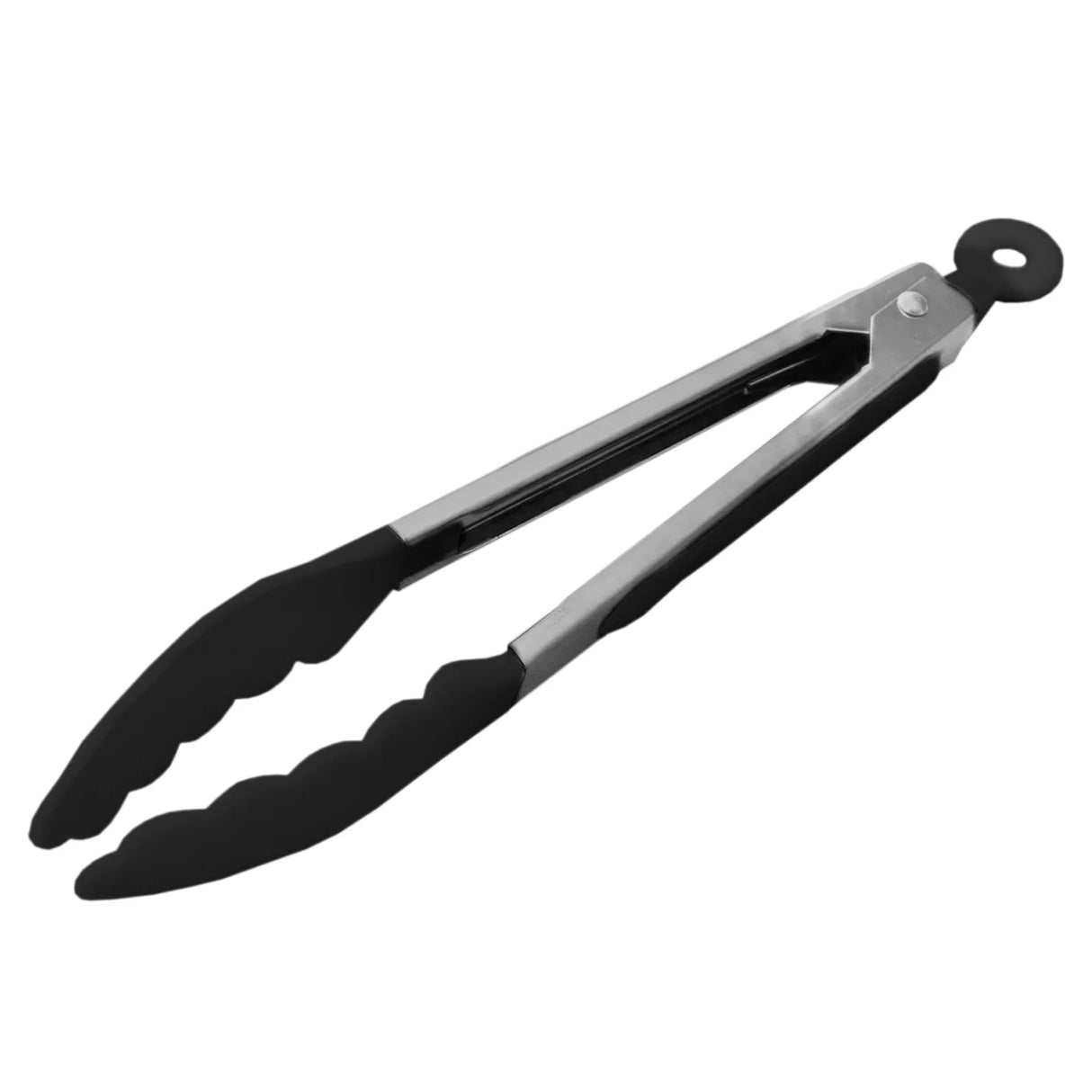 Black silicone-tipped stainless steel tongs with a locking mechanism, ideal for grilling and serving food in a mini tandoor oven