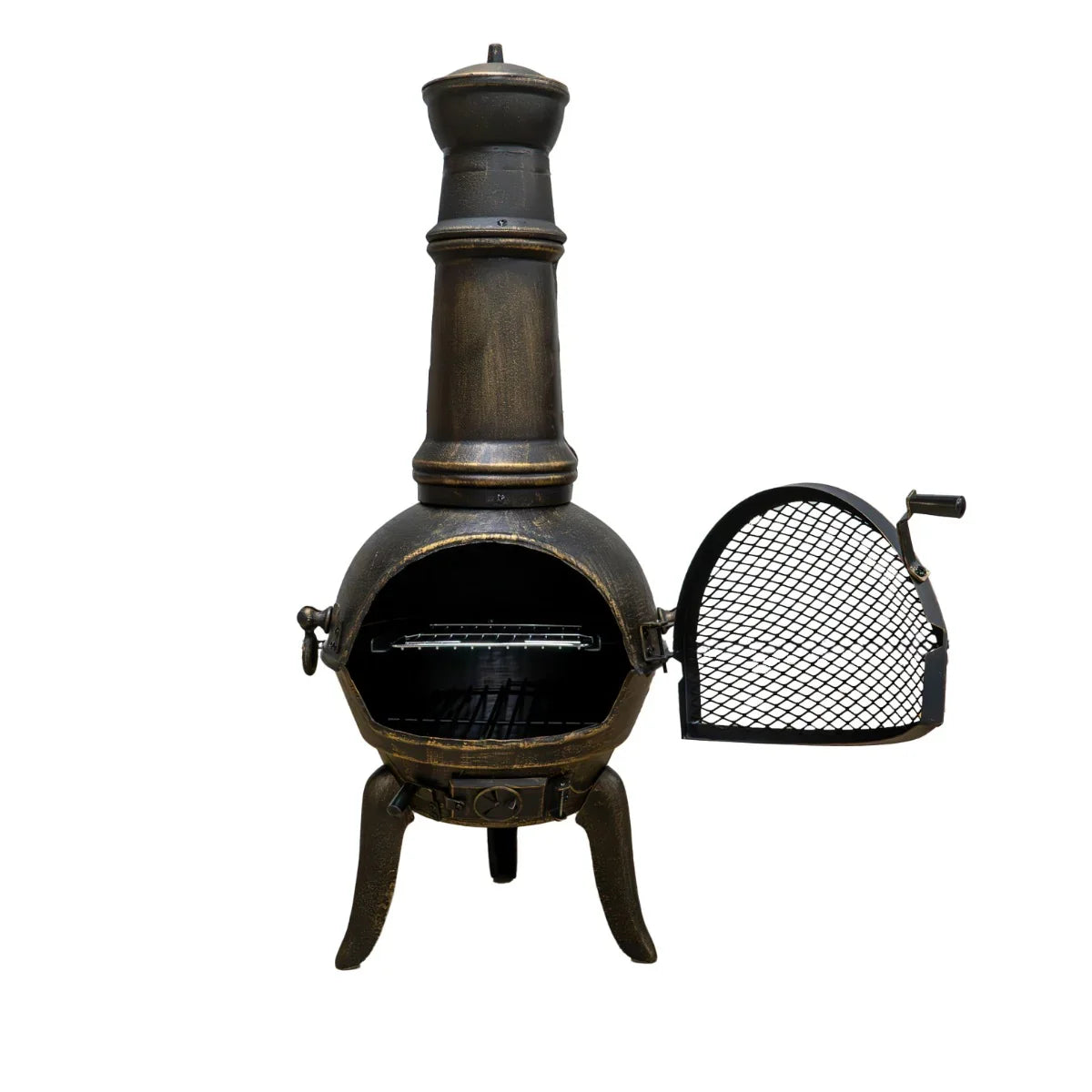 Rustic cast iron chiminea with a tall chimney, bronze finish, and a mesh door, perfect for outdoor heating and ambiance