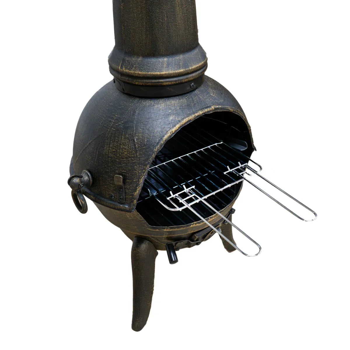 Rustic cast iron chiminea with a textured bronze finish, featuring a spacious grilling area and sturdy legs for outdoor use