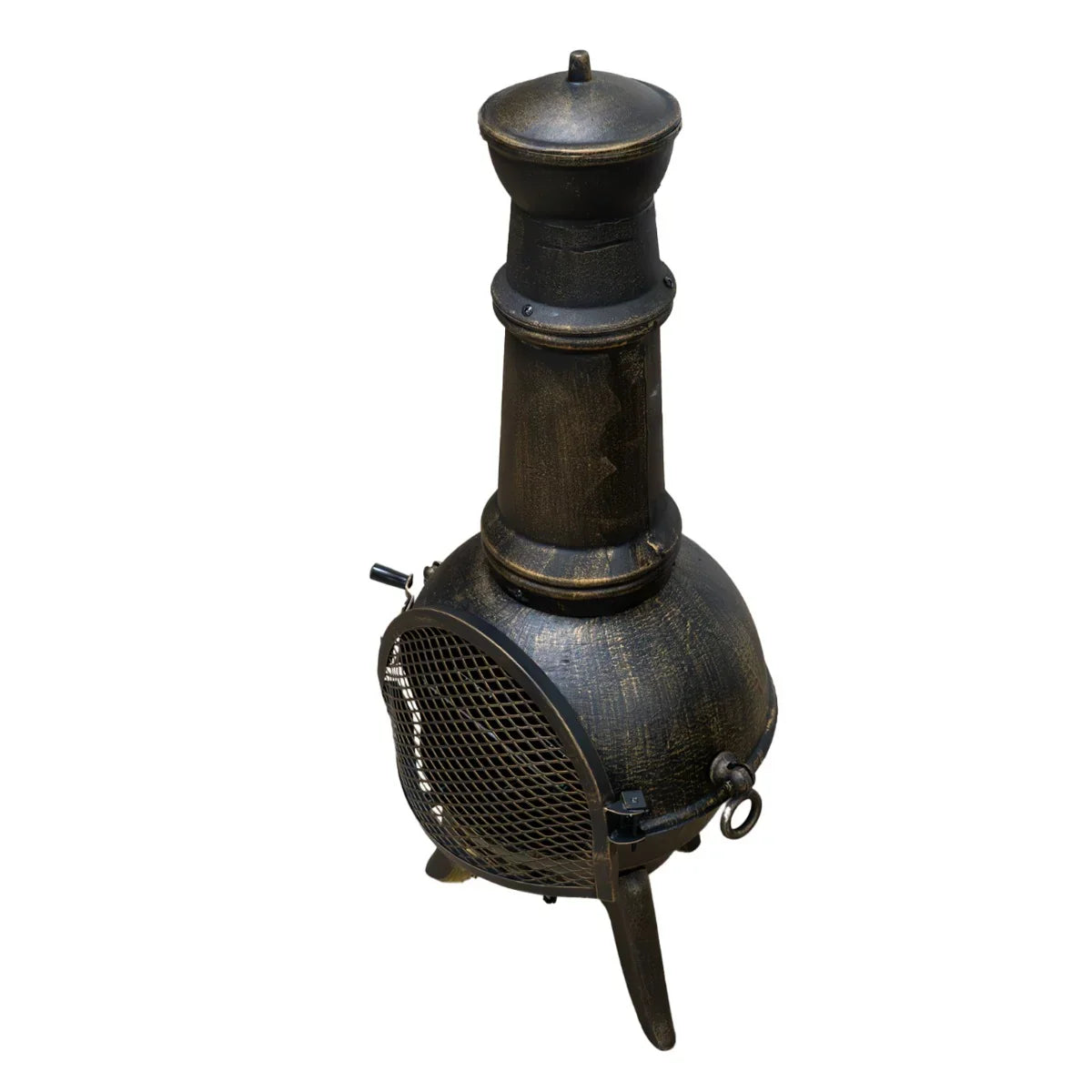 Black cast iron chiminea with a tall chimney, textured finish, and mesh door, perfect for outdoor heating and ambiance