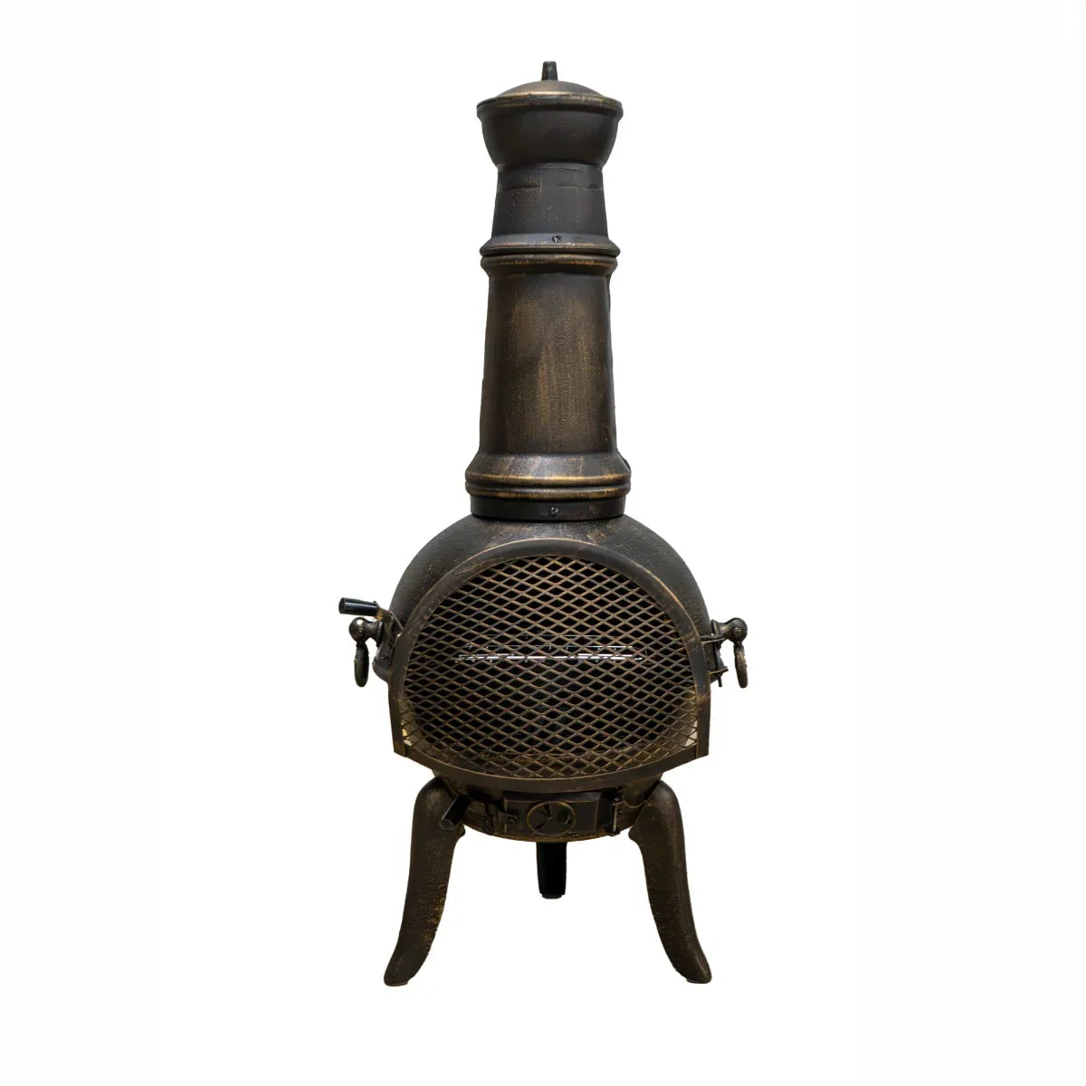 Black cast iron chiminea with a tall chimney, decorative mesh front, and sturdy legs, perfect for outdoor heating and ambiance