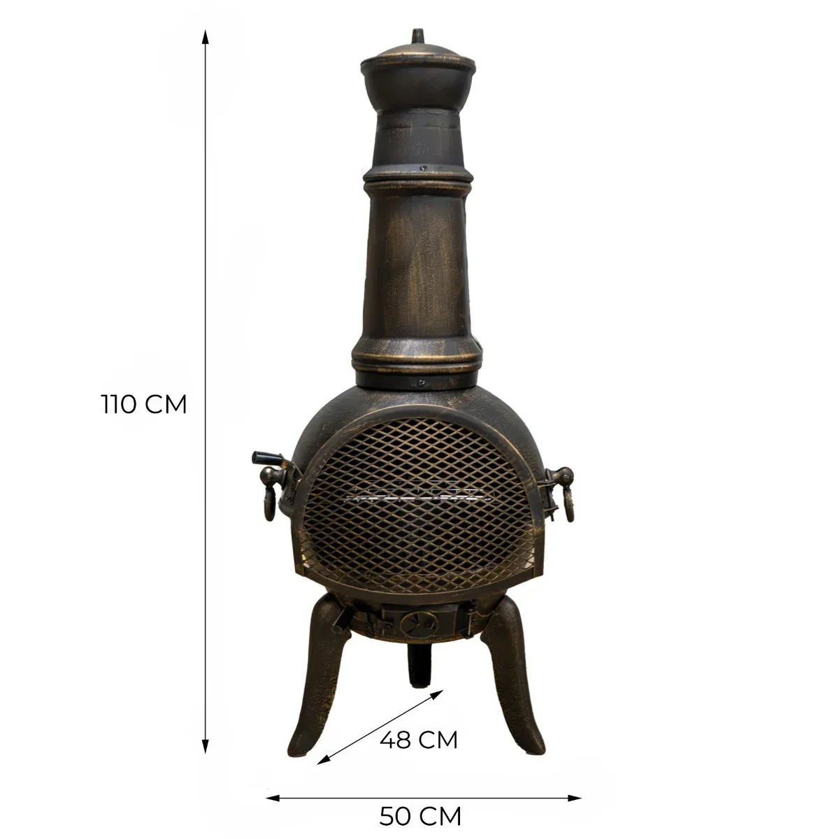 Cast iron chiminea with a sleek black finish, featuring a tall chimney and decorative mesh front, ideal for outdoor gatherings