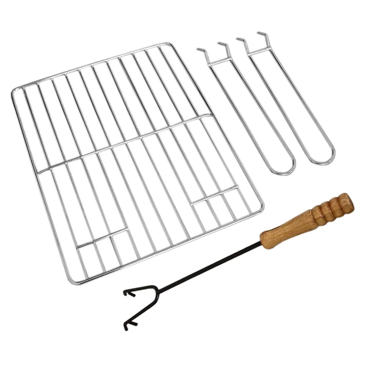 Cast iron chiminea with a sleek black finish, featuring a sturdy grill rack, three hooks, and a wooden-handled poker tool