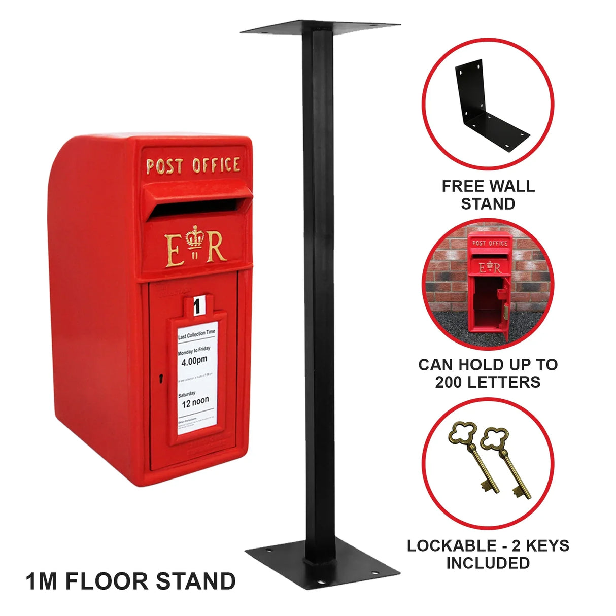Bright red Royal Mail post box with a black metal stand, featuring a lockable design, two keys, and a capacity for 200 letters