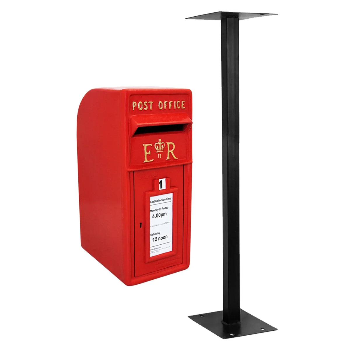 Bright red Royal Mail post box with a black metal stand, featuring gold lettering and a slot for mail collection, ideal for outdoor use