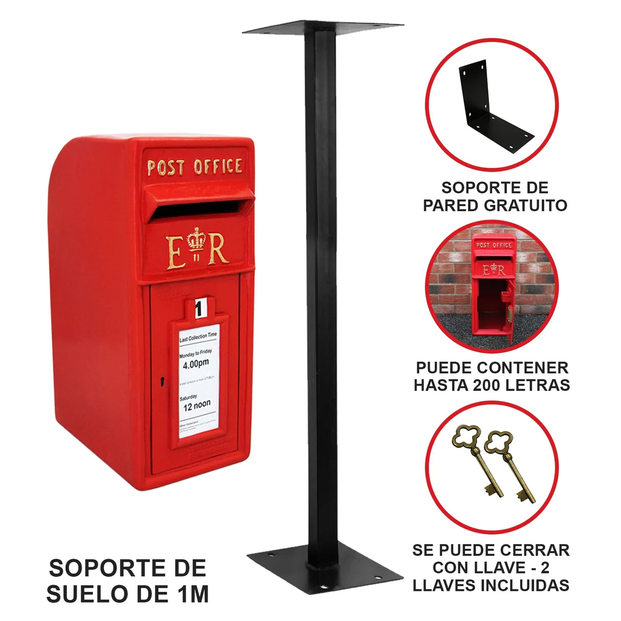 Bright red Royal Mail post box with a sturdy black stand, featuring a front slot for letters and a classic design with gold detailing