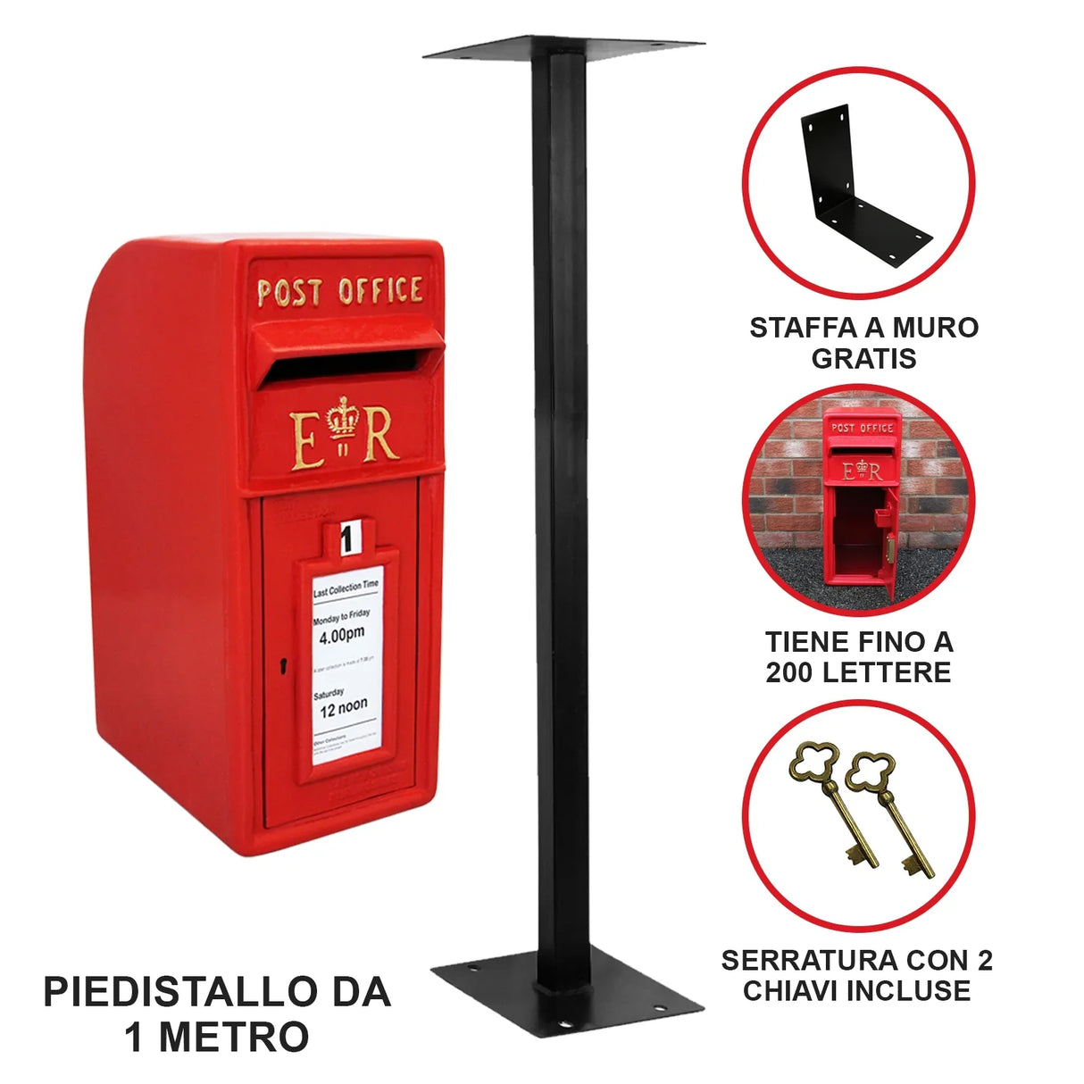 Bright red Royal Mail post box with a sturdy black stand, featuring a classic design, slot for letters, and clear label for postal hours