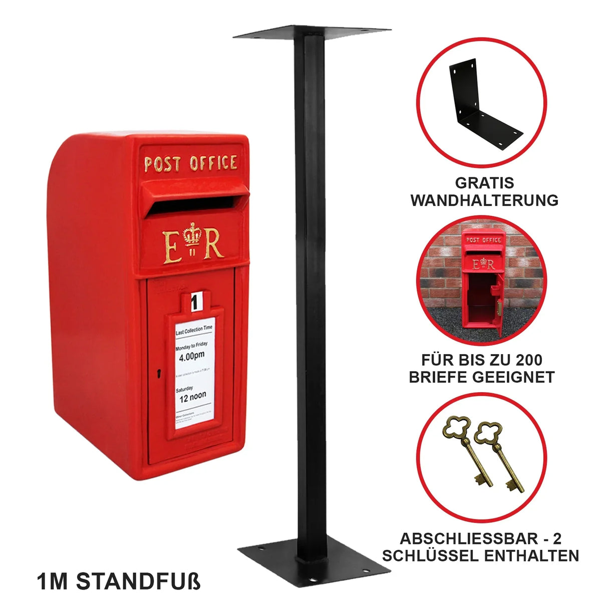 Bright red Royal Mail post box with a black metal stand, featuring a slot for letters and decorative gold lettering, ideal for outdoor use