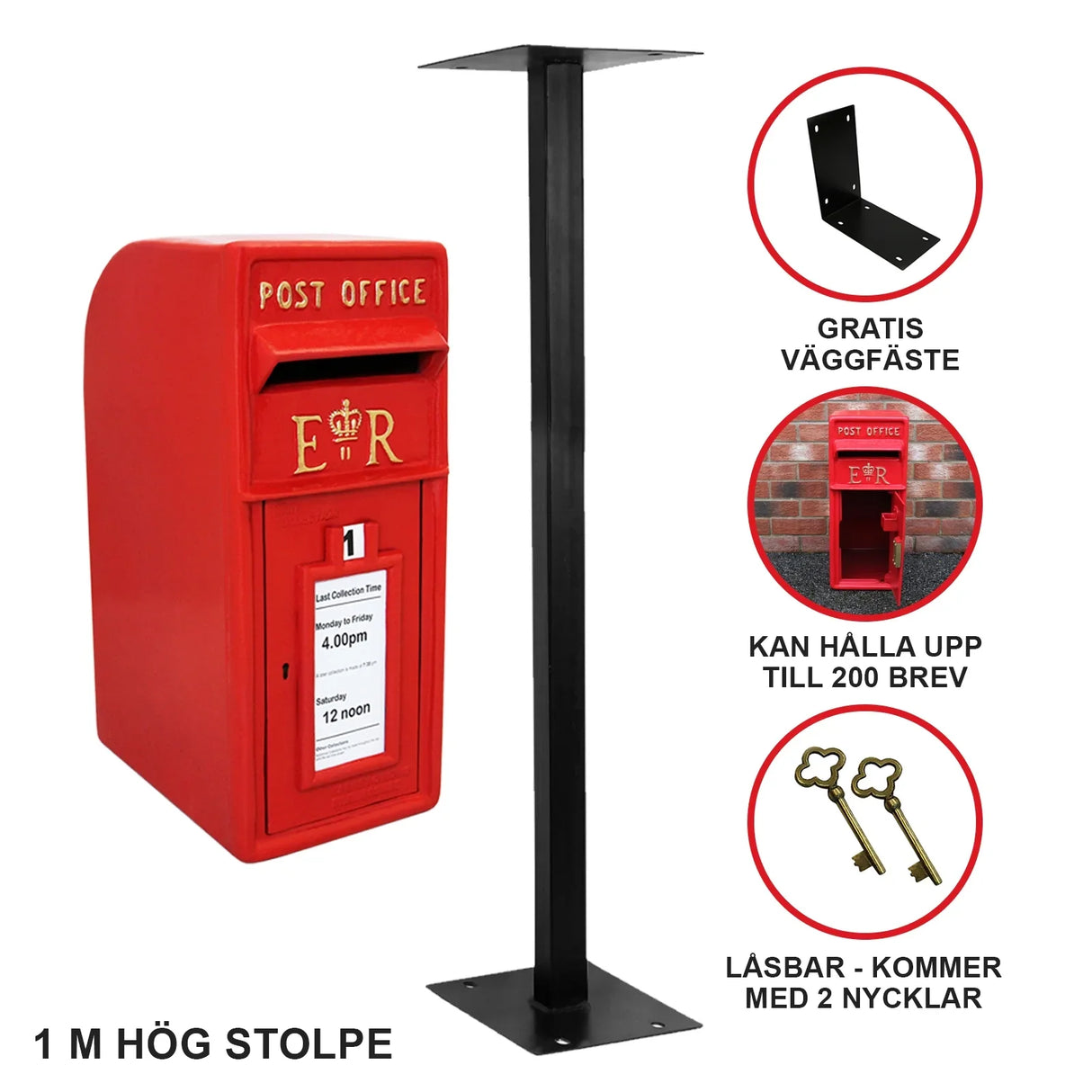 Bright red Royal Mail post box with a sturdy black metal stand, featuring a slot for letters and a classic design with E.R. insignia