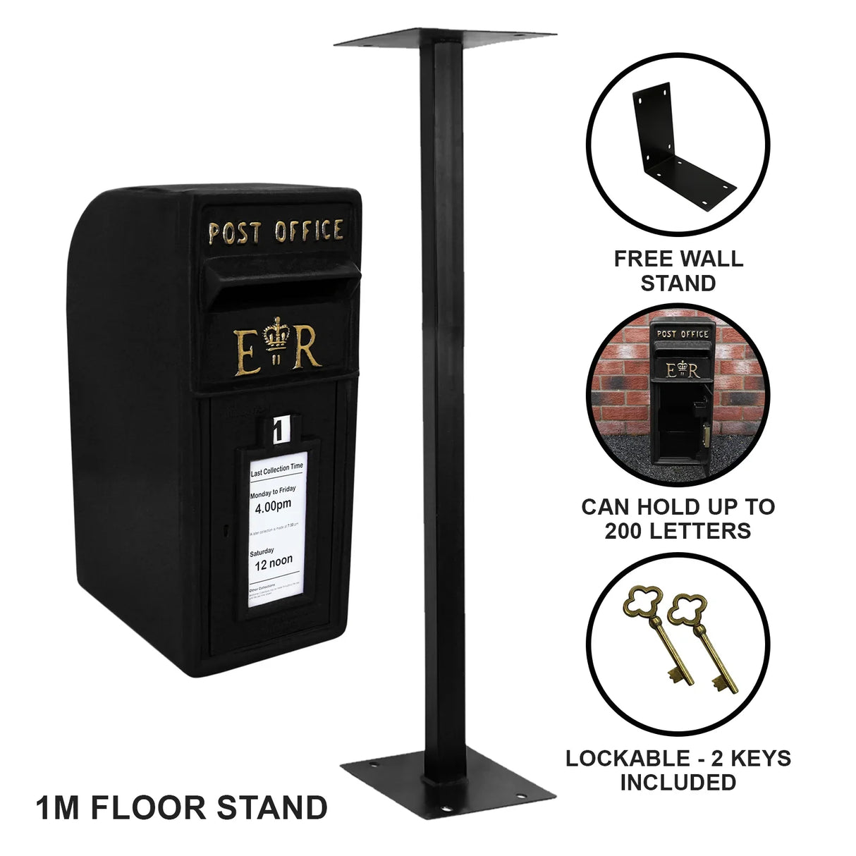 Black Royal Mail post box with a sturdy 1m floor stand, featuring a lockable design, two keys, and a classic red and gold finish