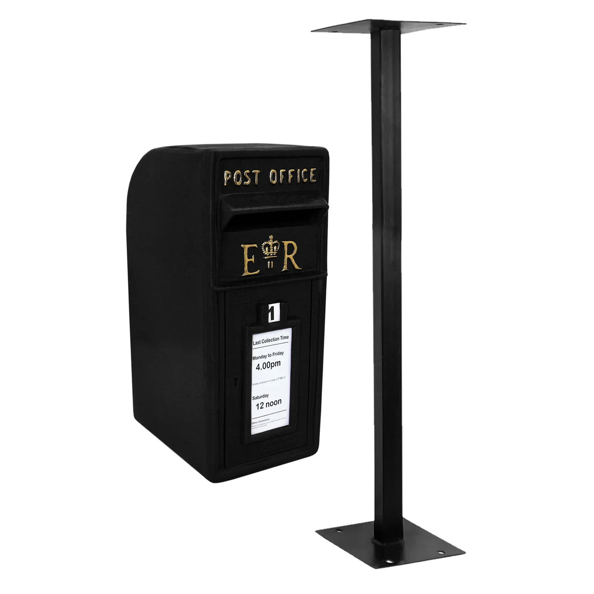 Black Royal Mail post box with gold lettering and crown detail, mounted on a sturdy black stand, ideal for outdoor use