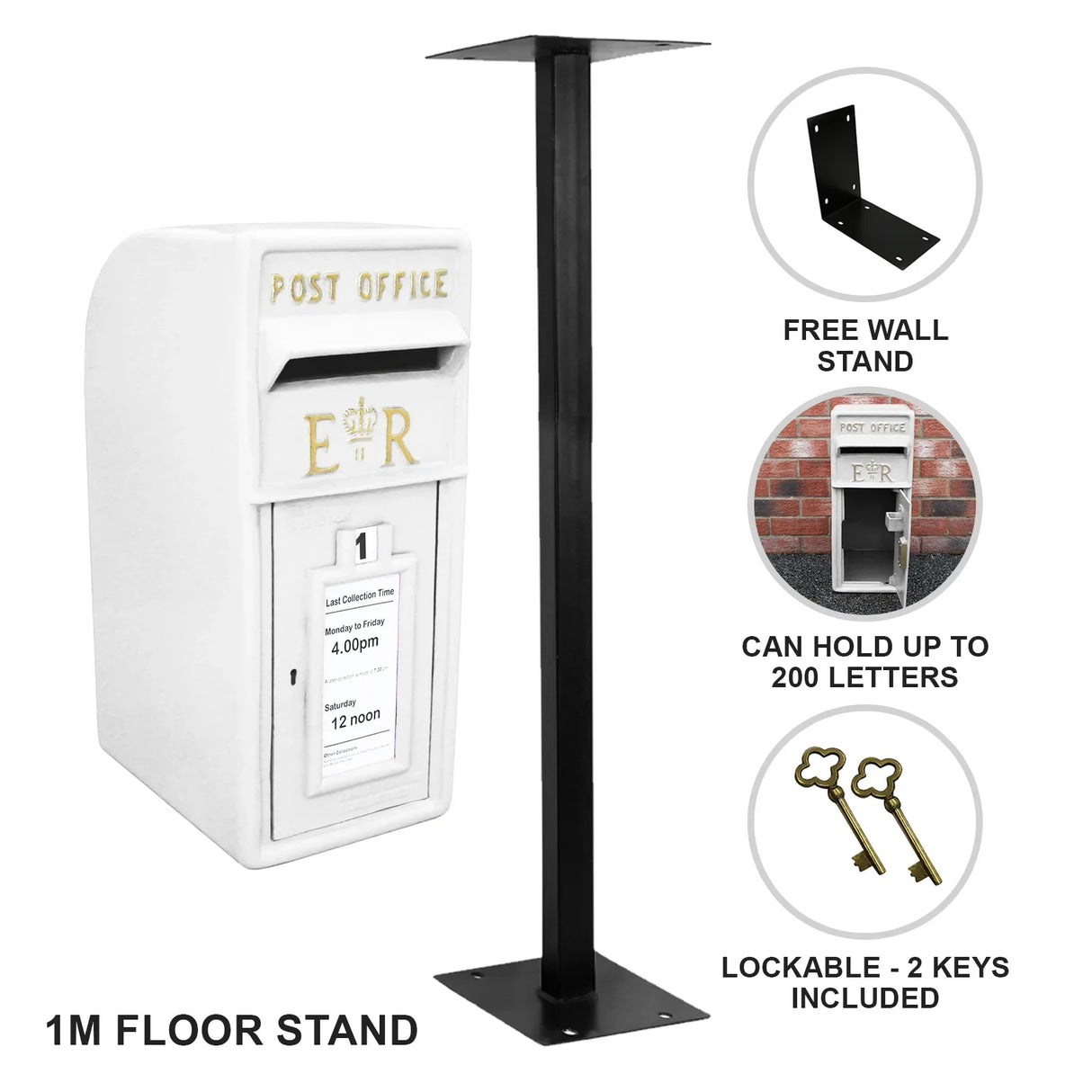 White Royal Mail post box with a black metal stand, featuring a lockable slot, crown emblem, and capacity for 200 letters