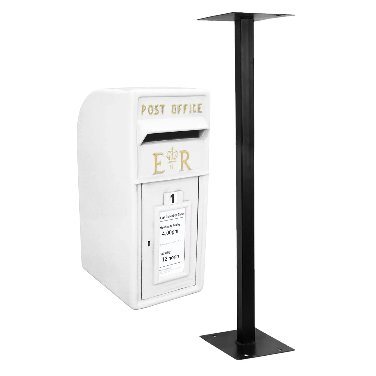 Elegant white Royal Mail post box with gold lettering and a sturdy black metal stand, featuring a slot for mail and a clear delivery time label