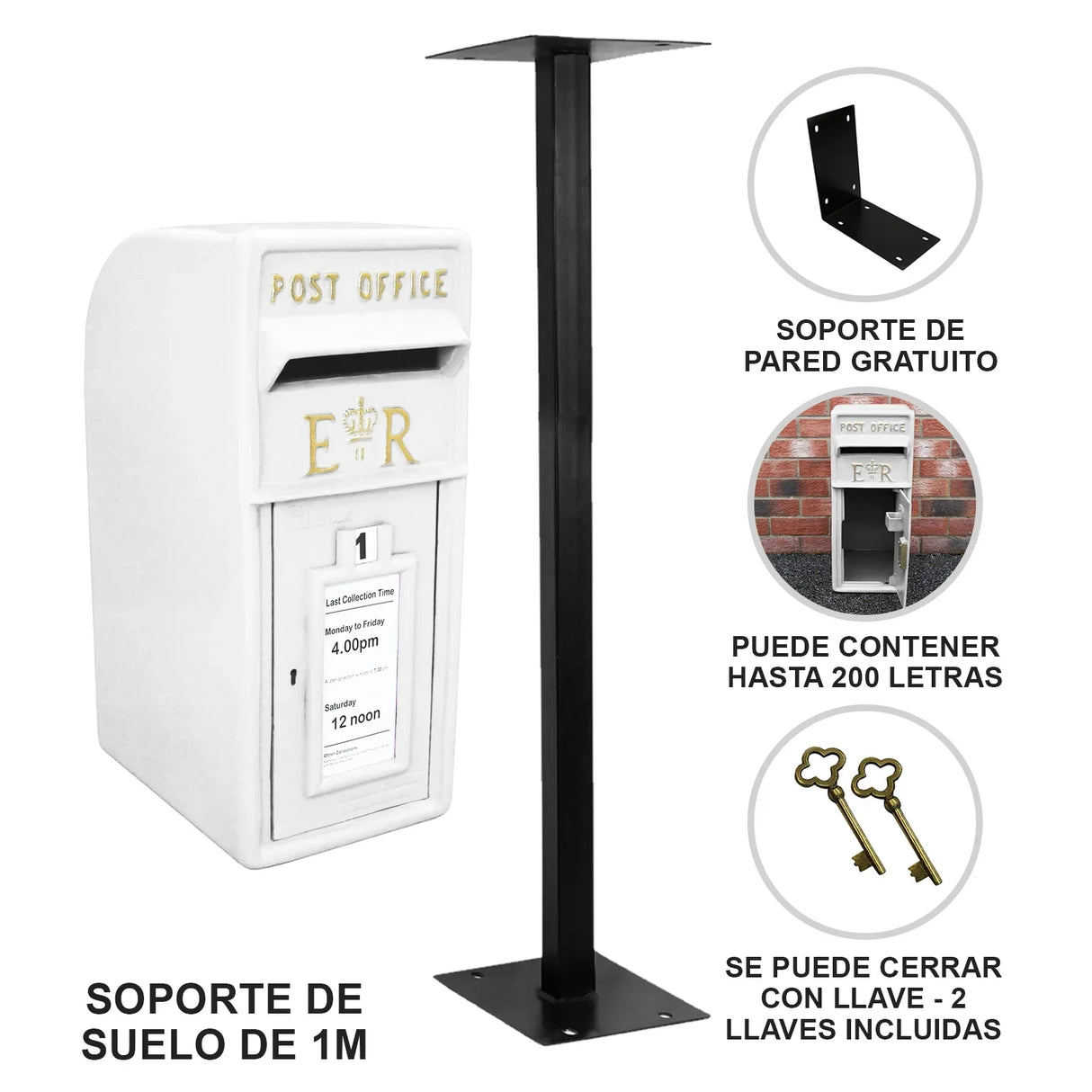White Royal Mail post box with a sturdy black stand, featuring a classic design, slot for letters, and space for up to 200 letters