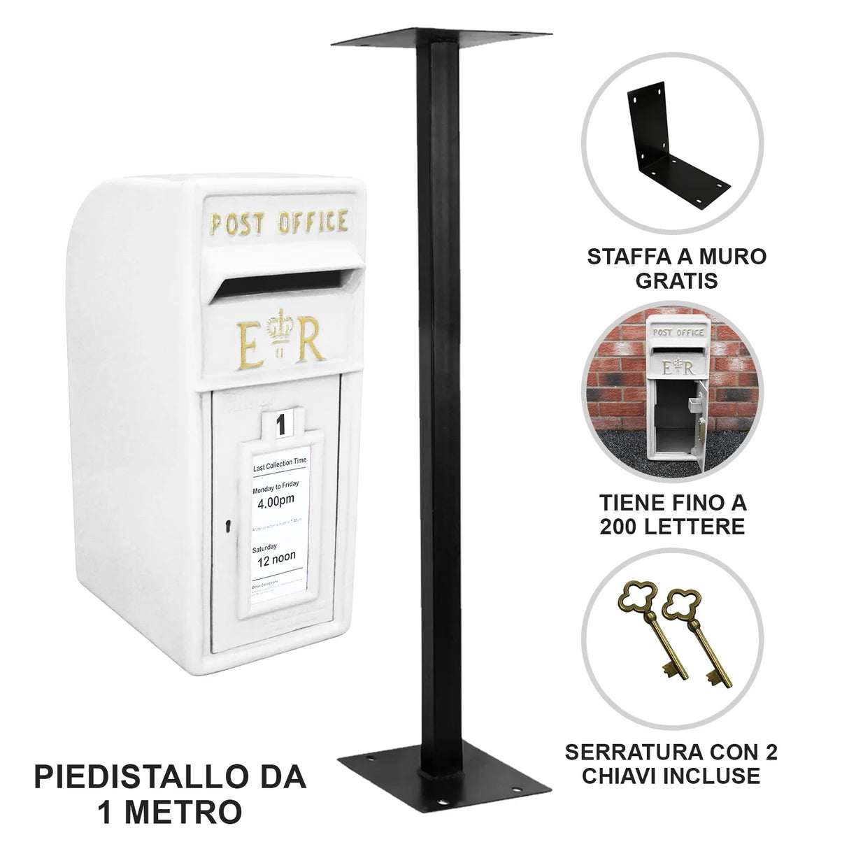 White Royal Mail post box with a sleek white finish, featuring a sturdy black stand, designed for outdoor use and letter collection
