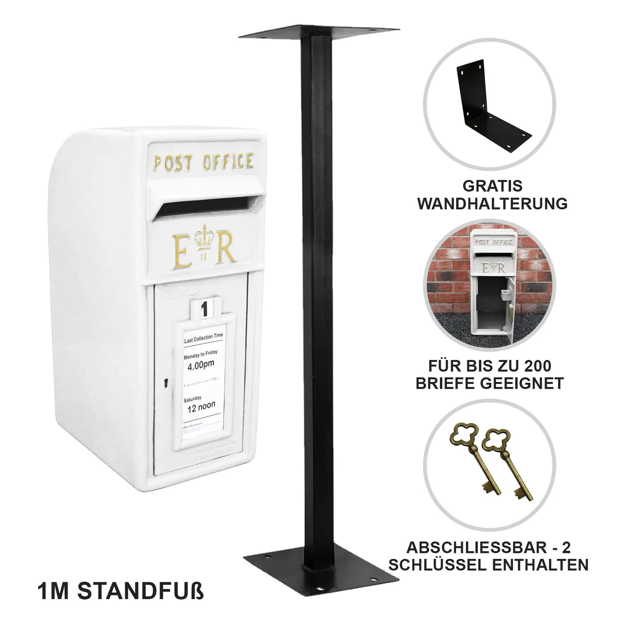 White Royal Mail post box with a sleek white finish, mounted on a sturdy black stand, designed for secure letter collection and display