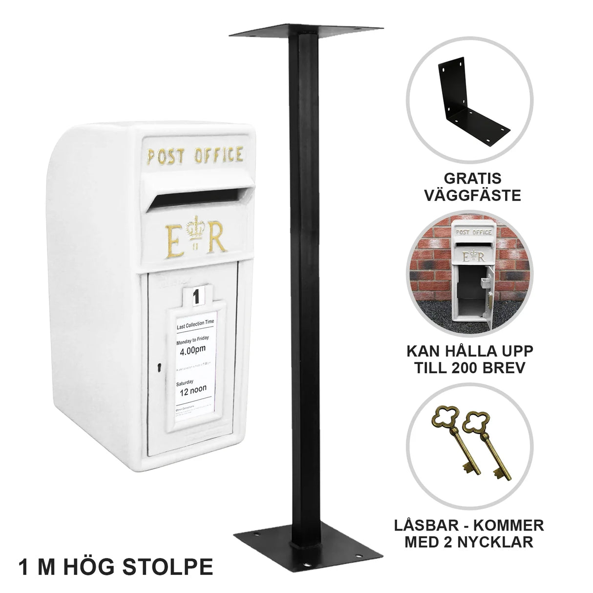 White Royal Mail post box with a black metal stand, featuring a classic design, textured surface, and keyhole for secure locking