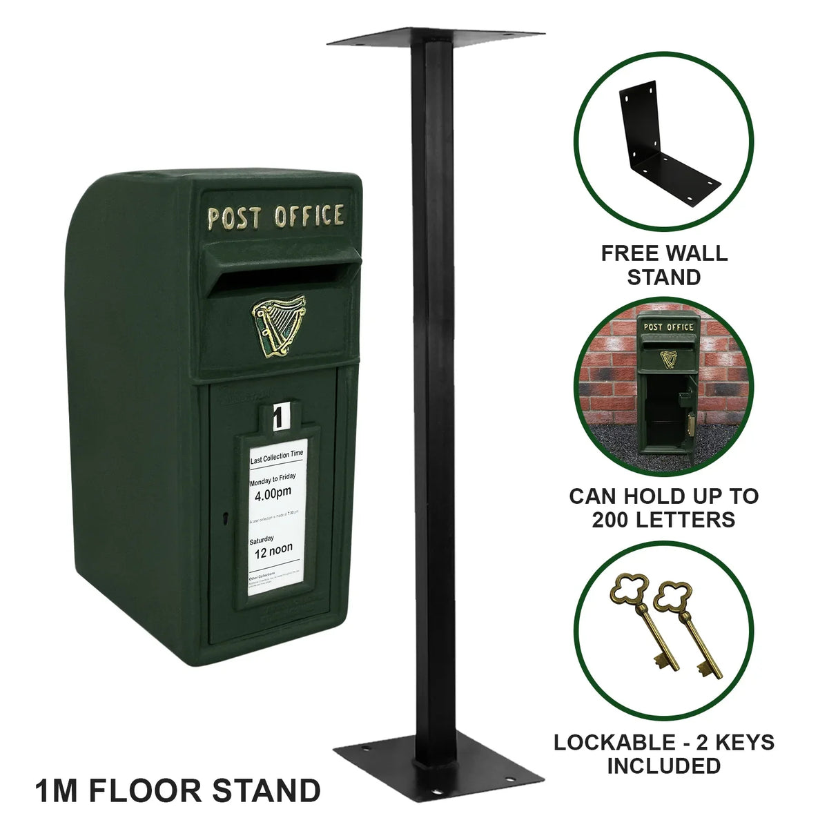 Green Irish post box in deep green with a lockable front, mounted on a sturdy black metal stand, ideal for letter collection