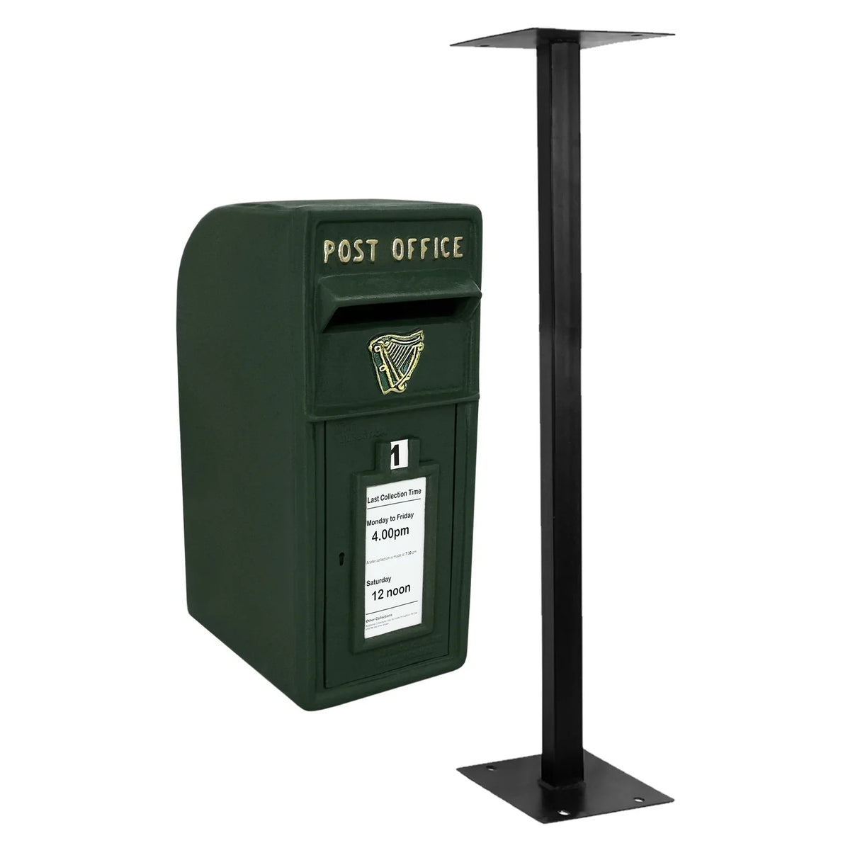 Green Irish post box with a textured finish, featuring a gold emblem, mounted on a sturdy black metal stand for stability