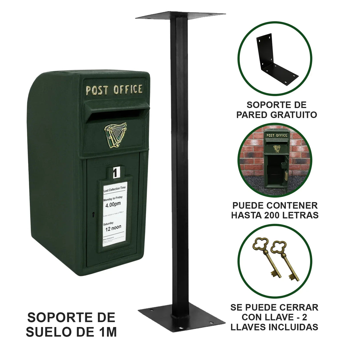 Green Irish post box with a dark green finish, featuring a front slot, mounted on a sturdy black metal stand for secure placement