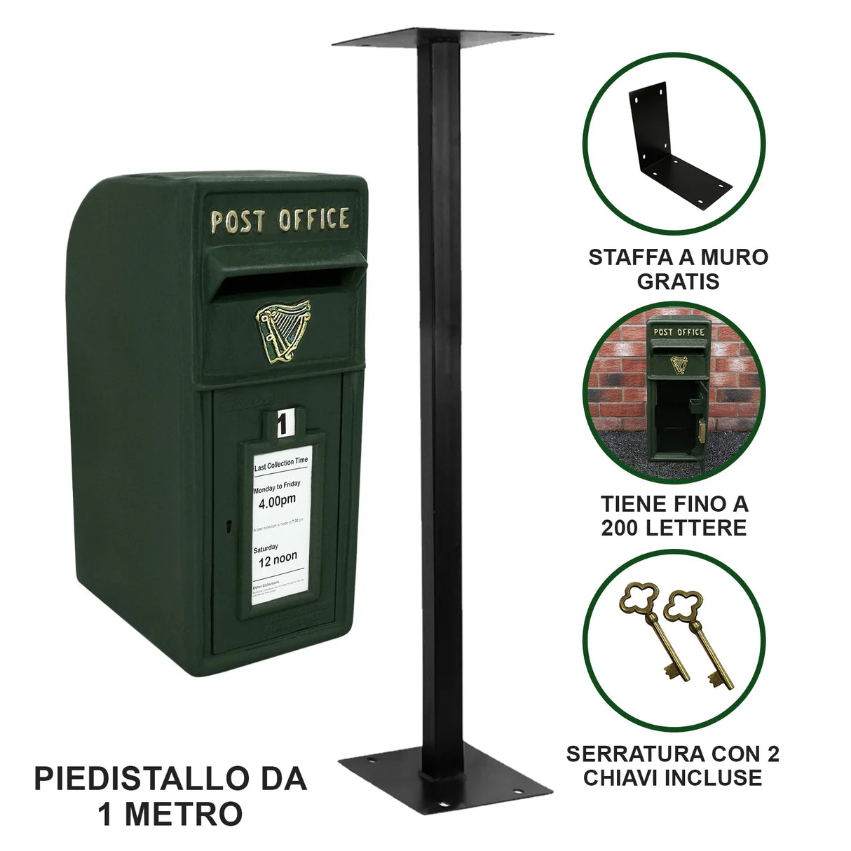 Green Irish post box with a dark green finish, metal construction, mounted on a sturdy black stand, features a secure locking mechanism