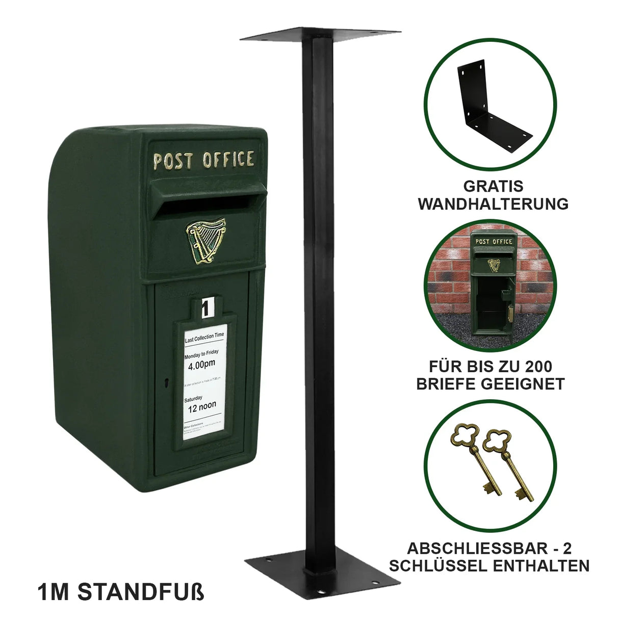 Green Irish post box with a dark green finish, featuring a slot for mail, mounted on a sturdy black stand for stability