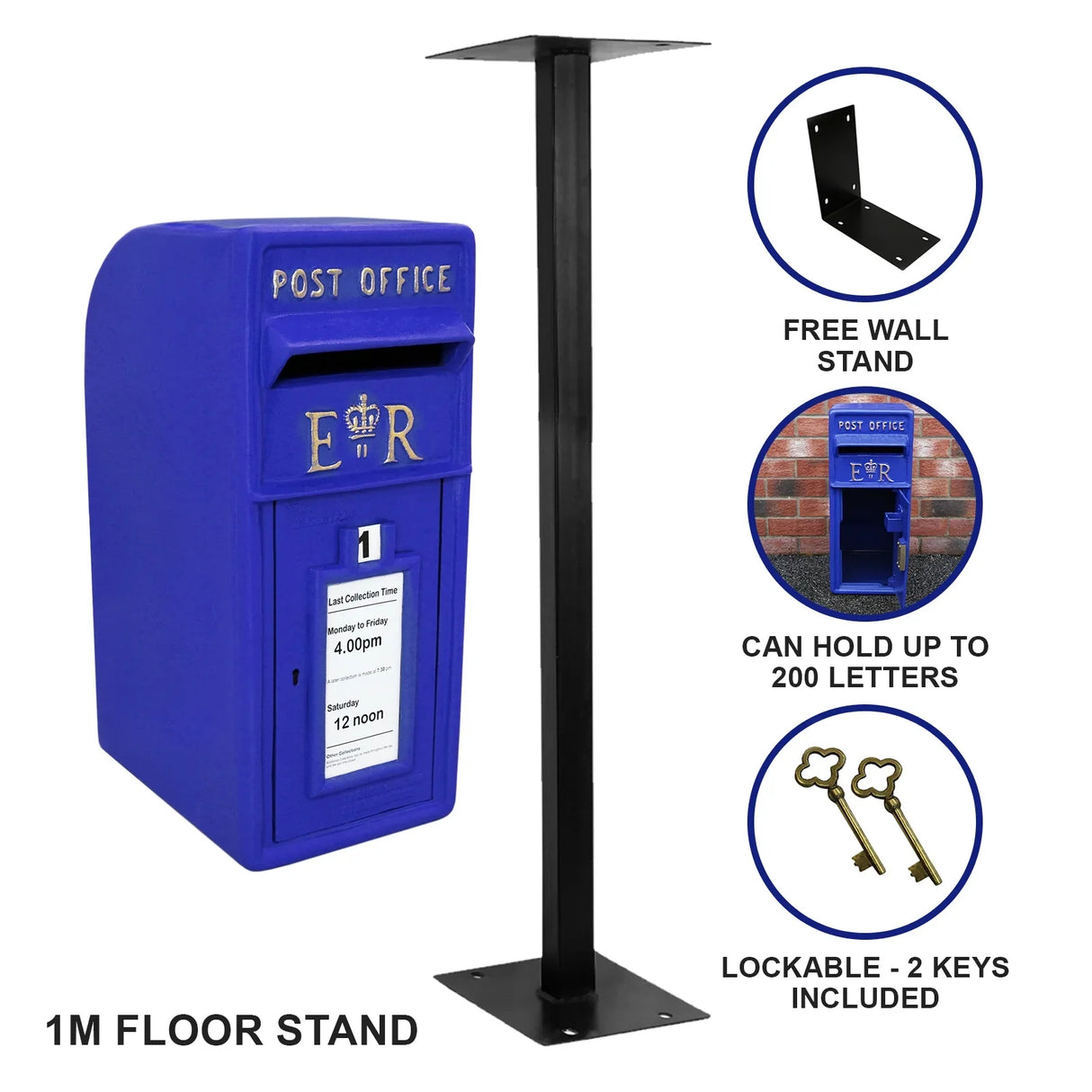 Bright blue Scottish post box with gold lettering, lockable design, mounted on a sturdy black metal stand, includes two keys