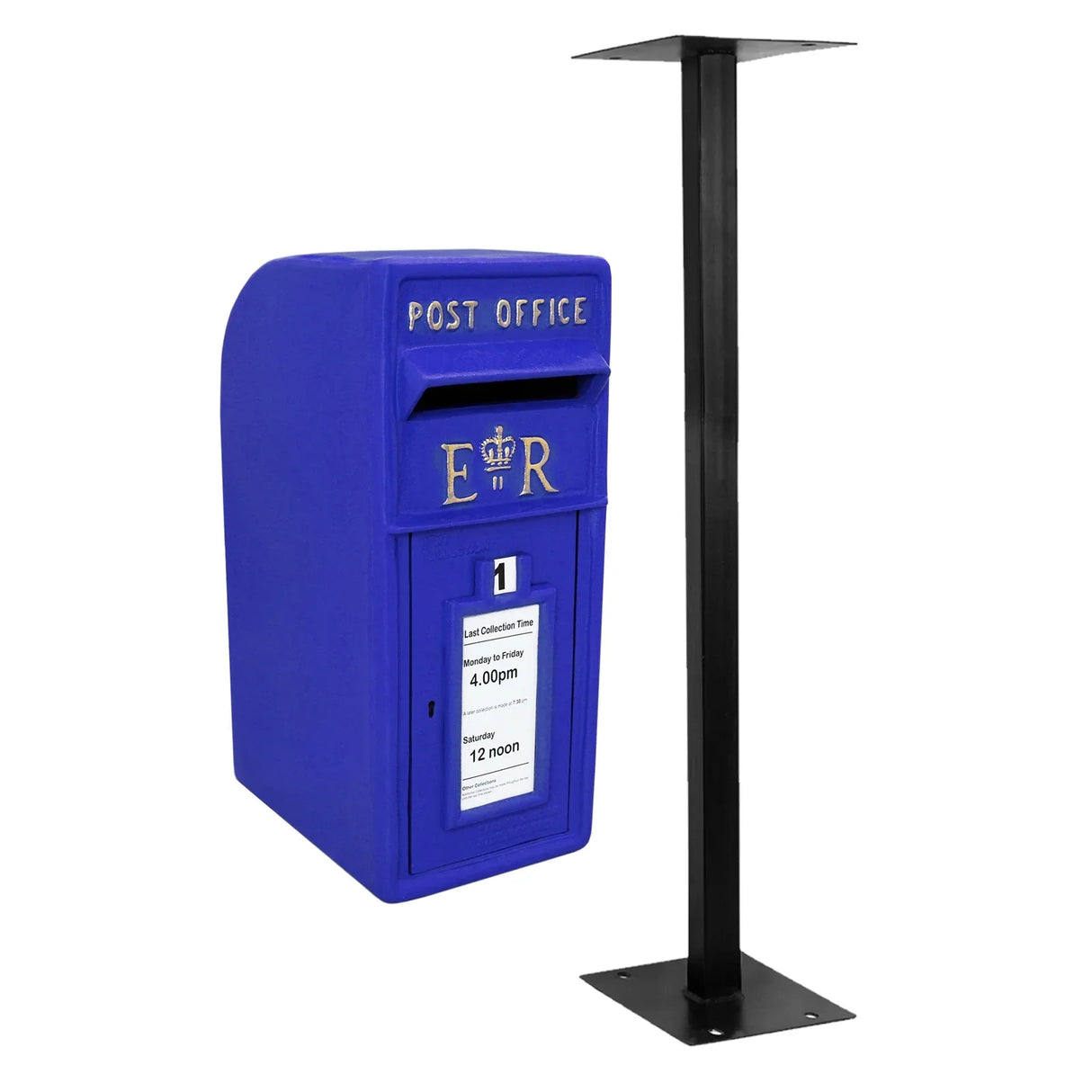 Bright blue Scottish post box with a gold crown emblem, mounted on a sturdy black metal stand, featuring a slot for mail collection