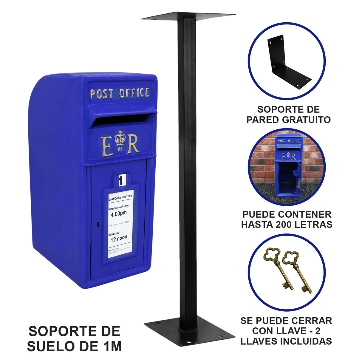 Blue Scottish post box in vibrant blue with a sturdy black stand, featuring a slot for letters and a royal emblem design