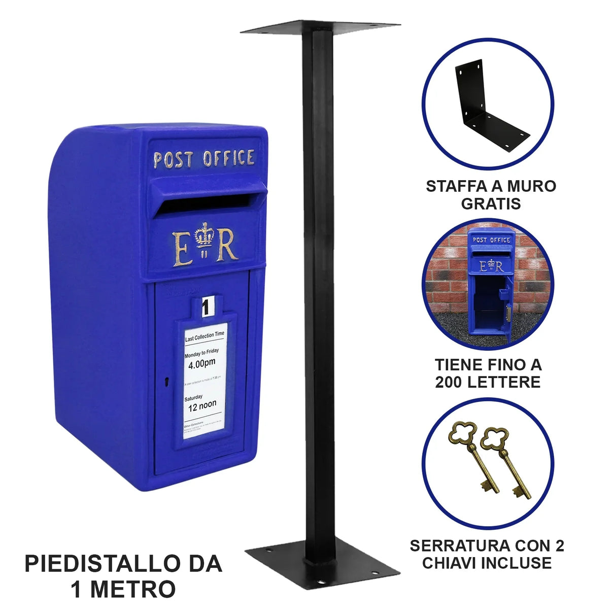 Bright blue Scottish post box with a black metal stand, featuring a royal emblem, slot for letters, and a clear time label