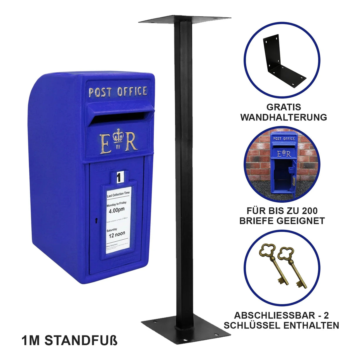 Bright blue Scottish post box with gold lettering, mounted on a sturdy black stand, designed for secure mail collection and display