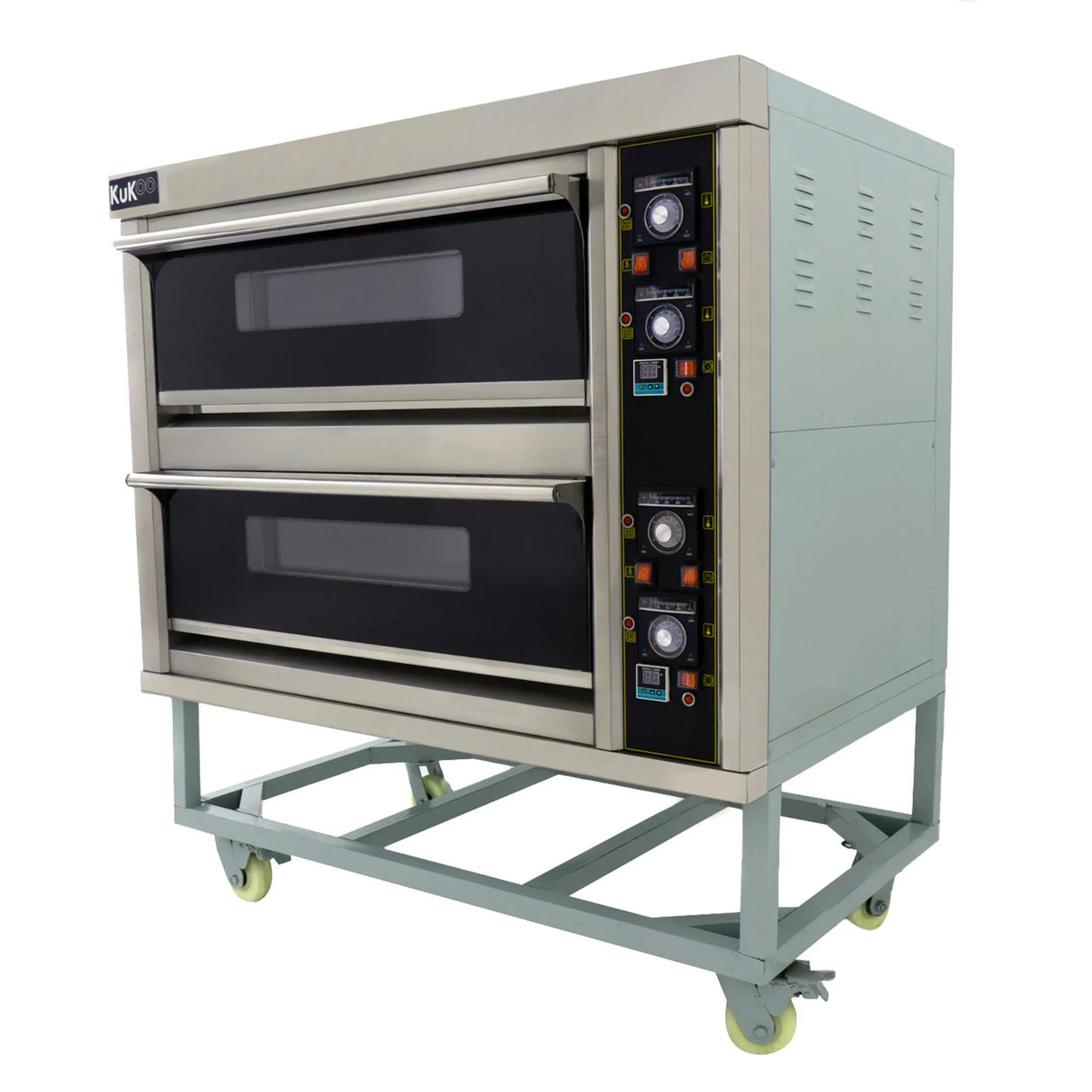 KuKoo large commercial pizza oven with two black glass doors, stainless steel body, control panel, and rolling cart for easy mobility