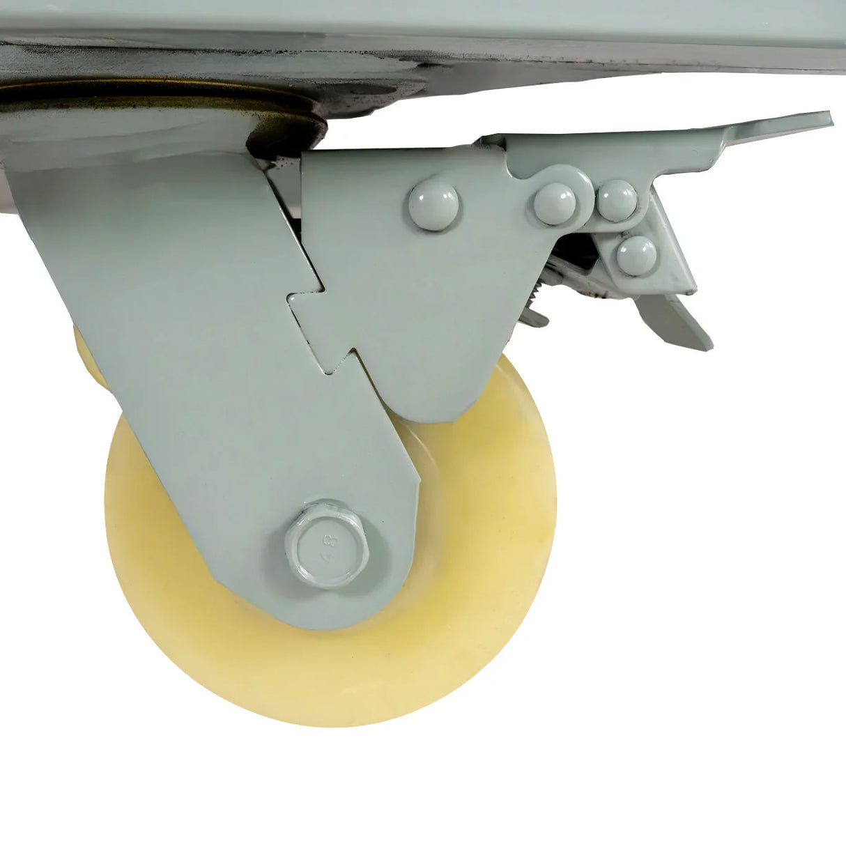 Close-up of a sturdy, gray caster wheel with a smooth, yellow rubber tire, designed for easy mobility of the KuKoo pizza oven