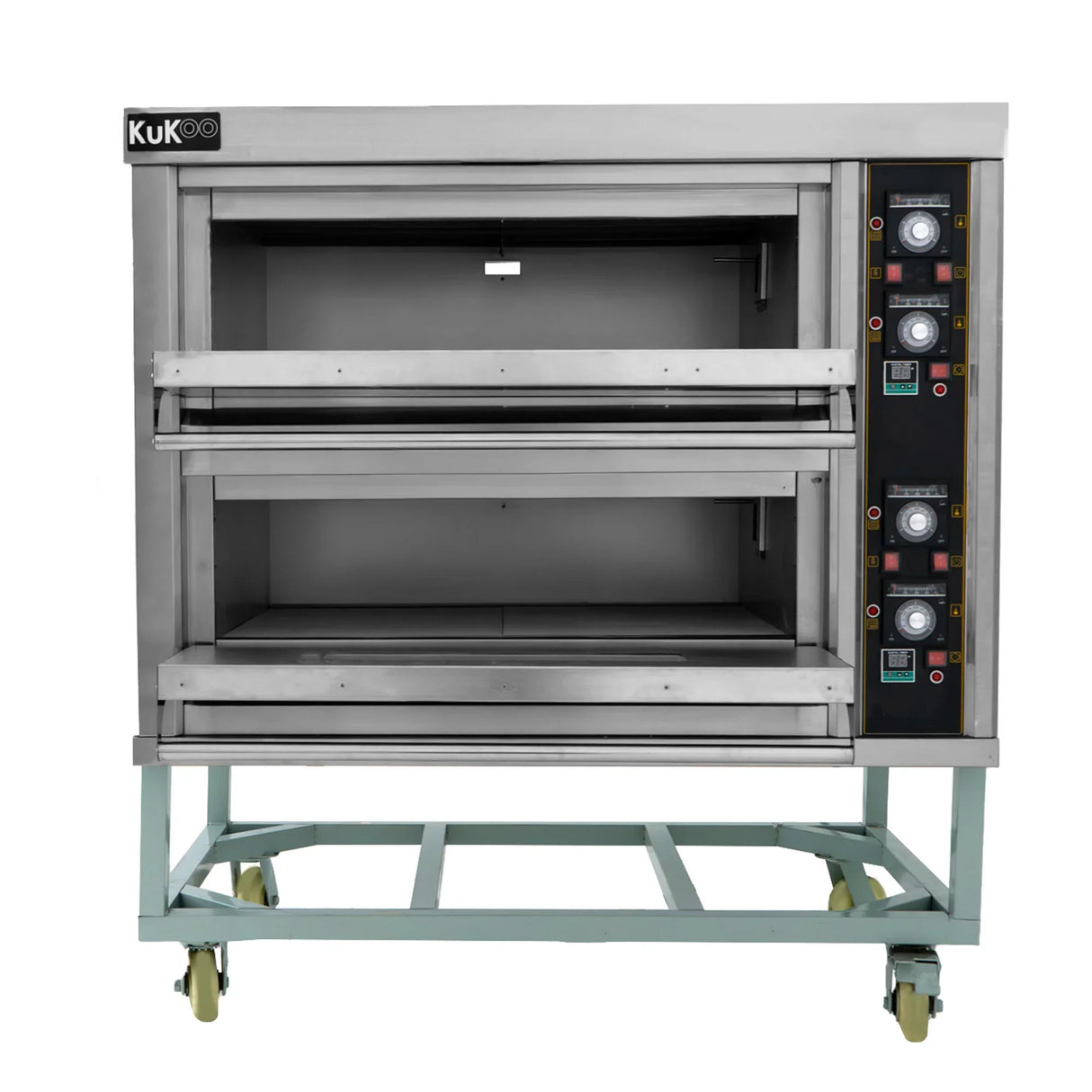 KuKoo large commercial pizza oven with stainless steel finish, two spacious baking compartments, and control panel on the side