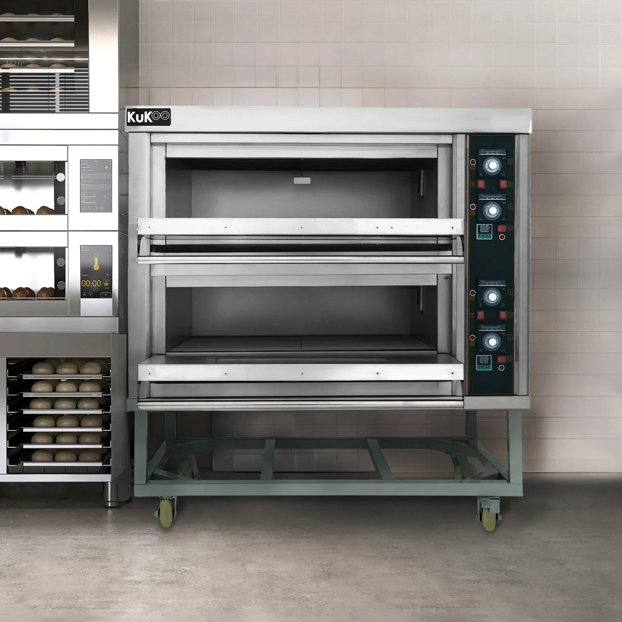 Large commercial KuKoo pizza oven with stainless steel finish, two spacious baking chambers, and user-friendly control panel