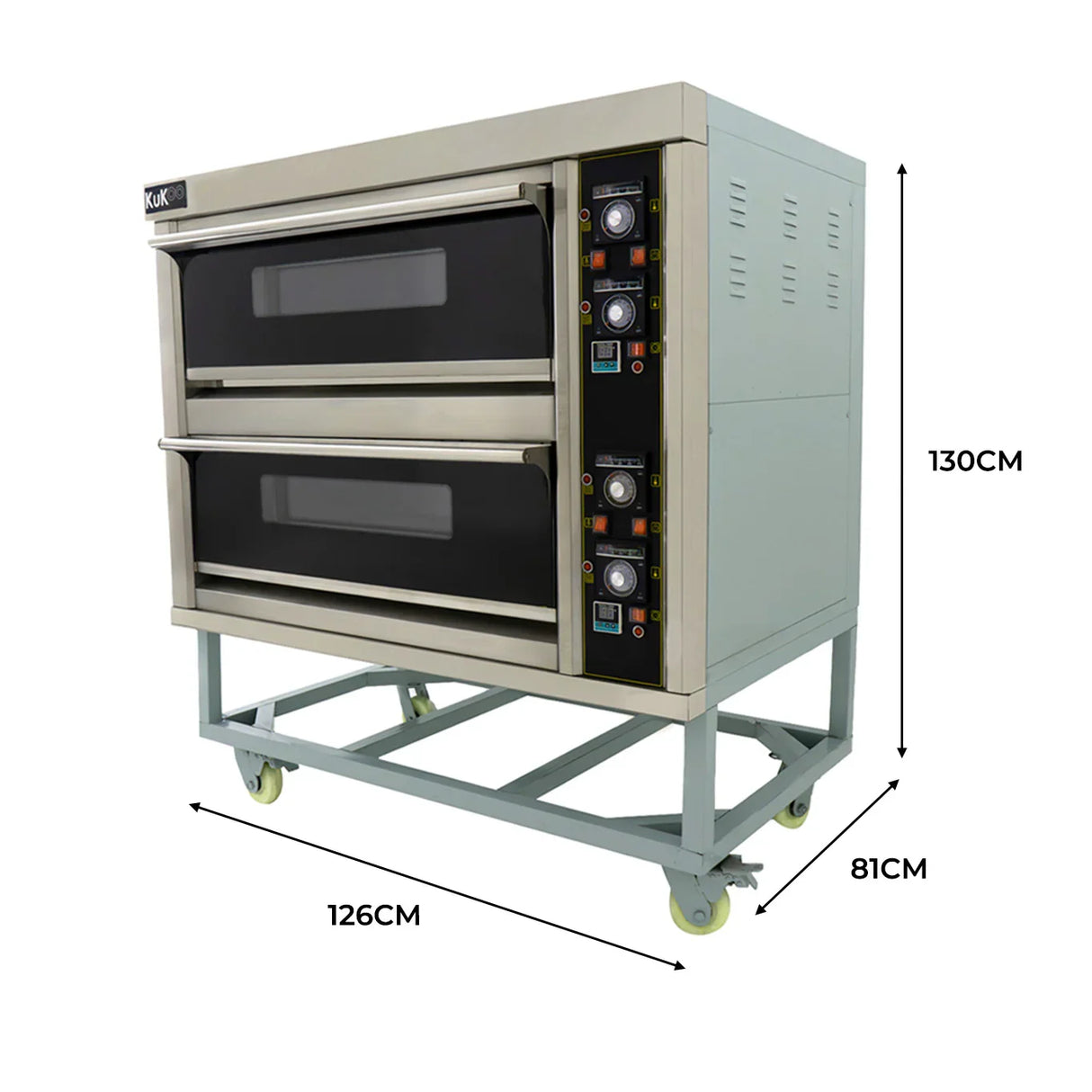Large commercial pizza oven with two black glass doors, stainless steel body, and control panel on the side, mounted on a wheeled cart