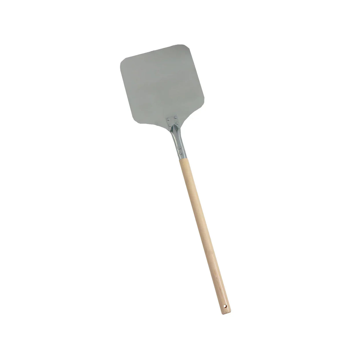 Stainless steel pizza peel with a wooden handle, featuring a flat, square blade for easy pizza transfer and baking