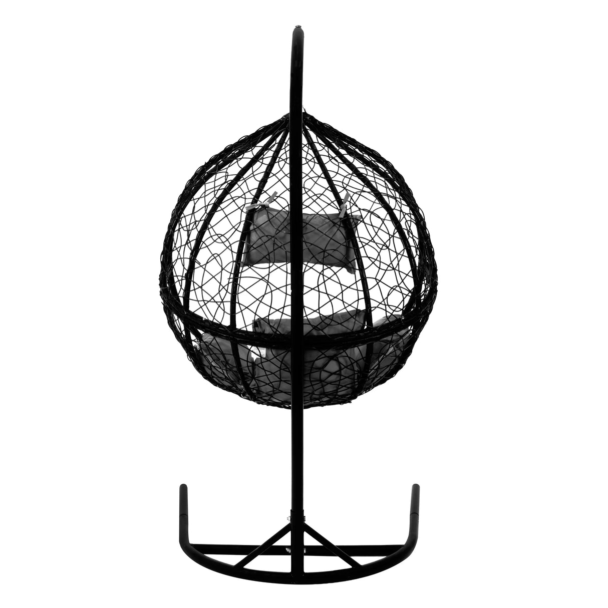 Black hanging rattan egg chair featuring a woven design, sturdy metal frame, and comfortable cushioned seat for relaxation
