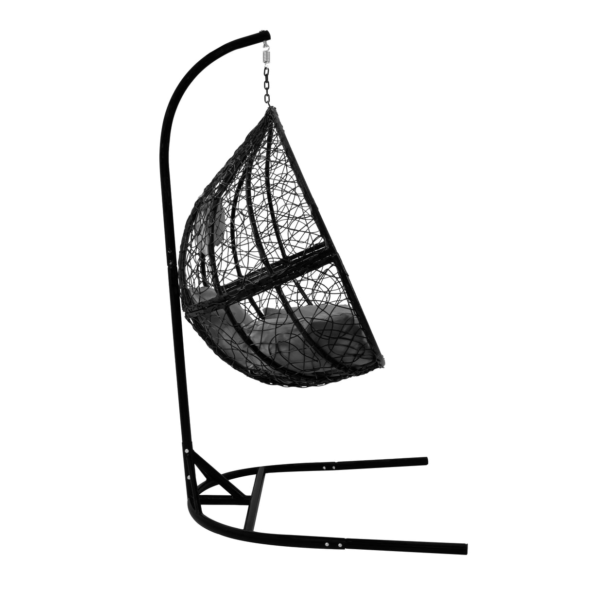 Black hanging rattan egg chair with a curved design, featuring a sturdy metal frame and woven texture for outdoor relaxation