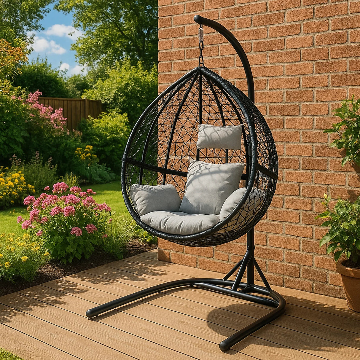 Black hanging rattan egg chair with a cushioned seat, suspended from a sturdy metal frame, set in a vibrant garden scene