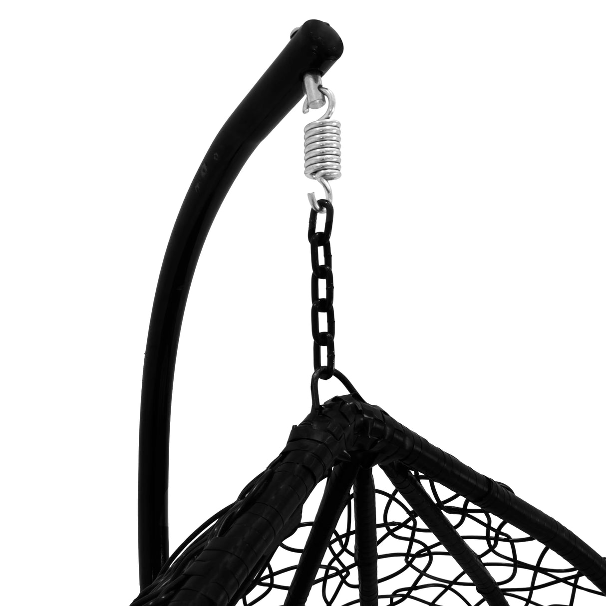Black hanging rattan egg chair featuring a sturdy metal frame, woven texture, and a sleek, modern design for outdoor relaxation