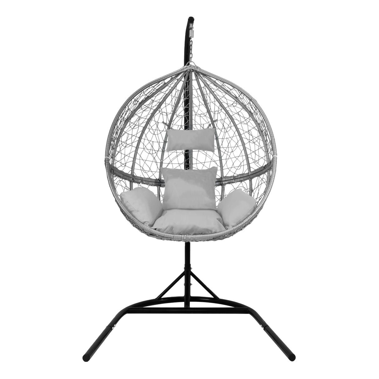 Grey hanging rattan egg chair with a round shape, featuring soft cushions and a sturdy black metal stand for outdoor relaxation