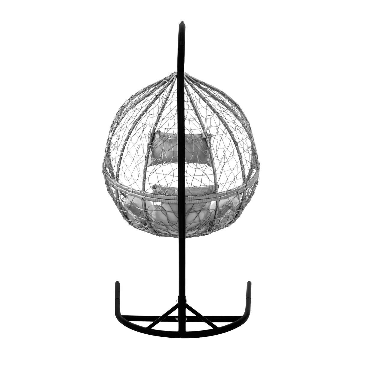 Grey hanging rattan egg chair with a sturdy black metal stand, featuring a woven design and a cozy cushioned seat
