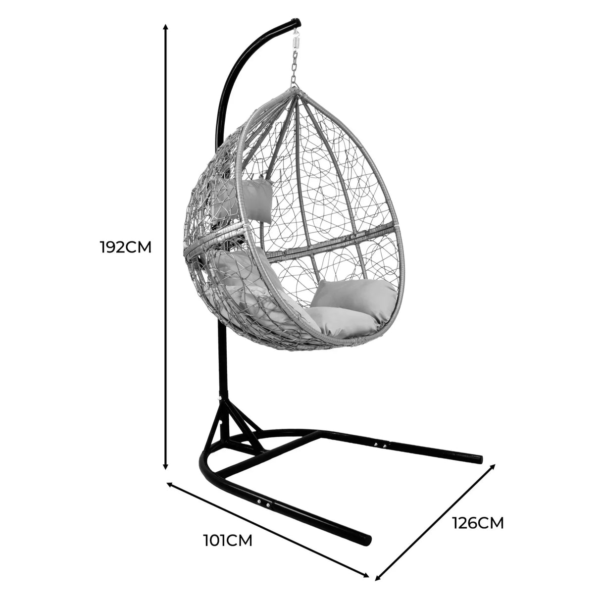 Grey hanging rattan egg chair with plush cushions, featuring a sturdy black metal frame and dimensions of 192cm height and 126cm width