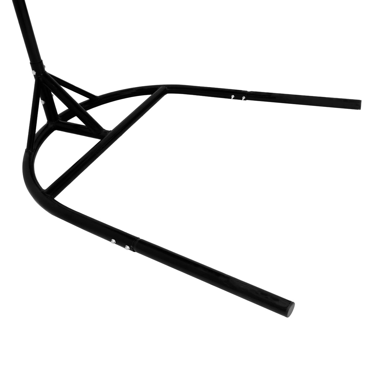 Sturdy black metal stand for a grey hanging rattan egg chair, featuring a curved base for stability and support