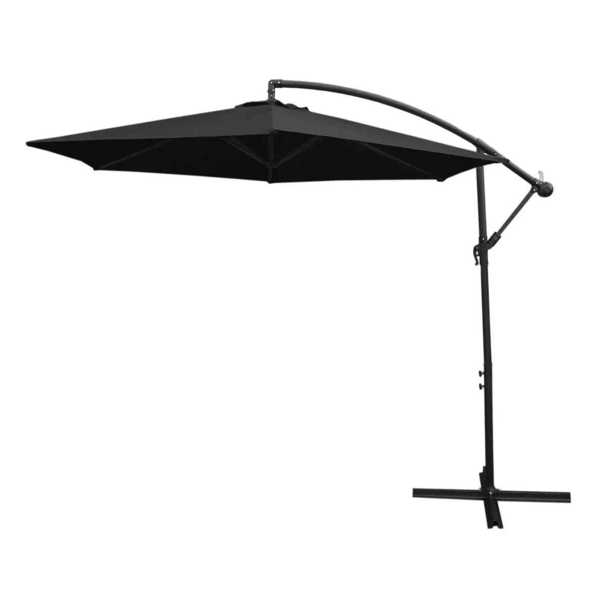 Black cantilever parasol with a sleek, modern design, featuring a sturdy base and a wide, shaded canopy for outdoor use